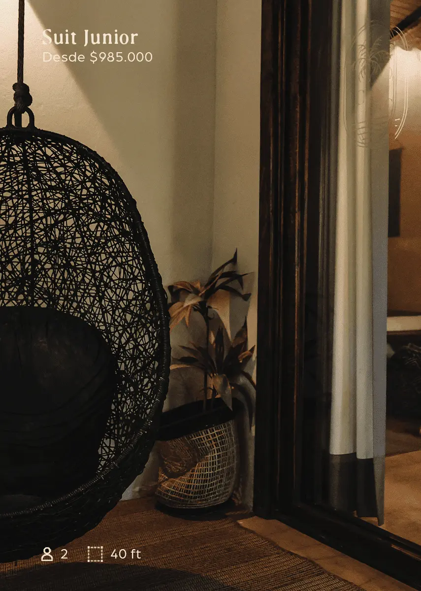 Boutique interior with a black woven hanging chair beside a potted plant, overlaid with 'Suit Junior Desde $985.000' promotion.