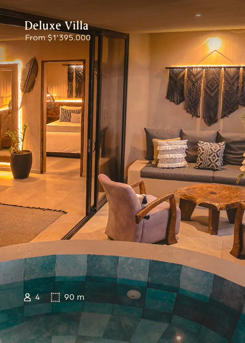 Deluxe Villa interior with pool edge in the foreground, living area with sofa and woven wall décor; price from $1,395,000 visible in corner.