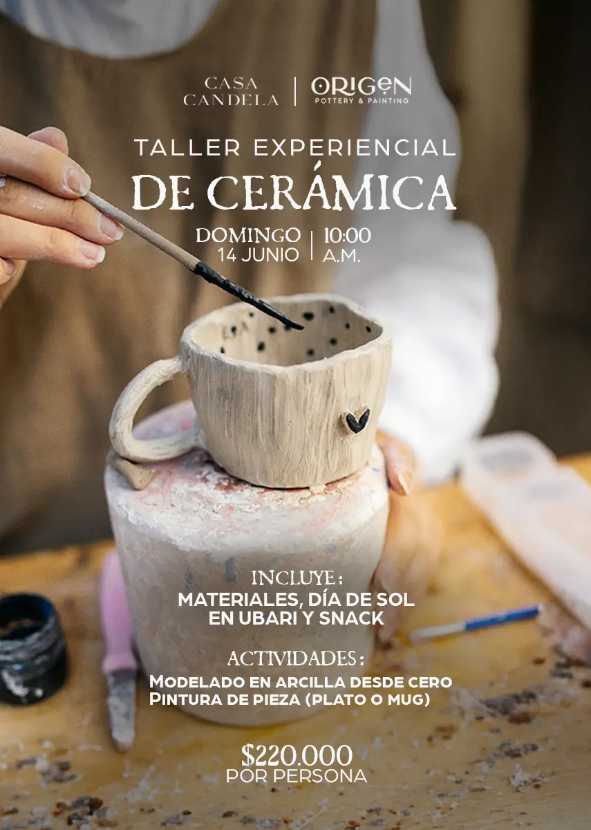 Póster de taller experiencial de cerámica; una mano pinta una taza de cerámica mientras indica fecha, actividades y precio.