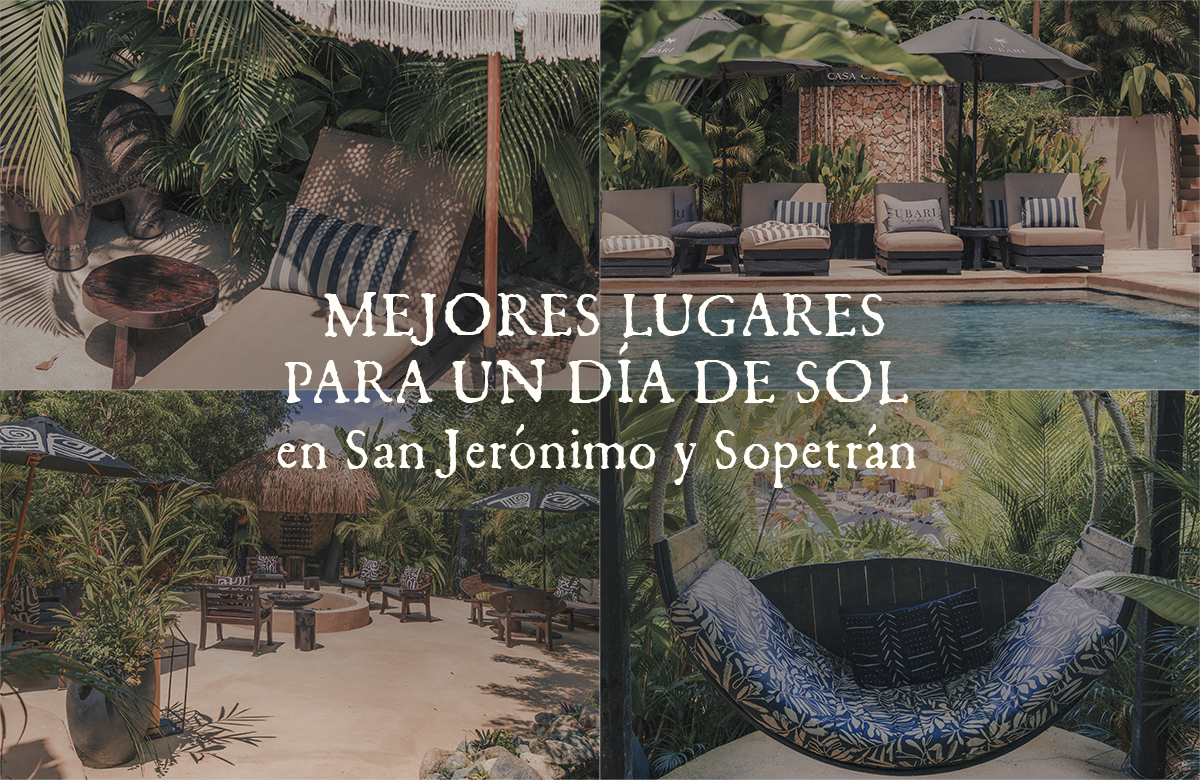 Collage of tropical resort scenes: pool, lounge beds, hammocks and lush plants with a sun-soaked, relaxing vibe; text overlay promotes sunny-day spots in San Jerónimo and Sopetrán.
